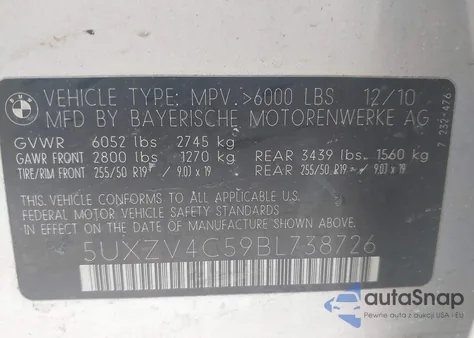 2011 BMW X5 xDrive35I/xDrive35I Premium/xDrive35I Sport Activity z USA, uszkodzony, nr VIN 5UXZV4C59BL738726